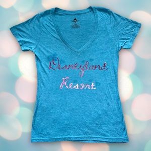 Authentic Disneyland Women’s Blue V-Neck Sequin Tee Shirt Top Size XL